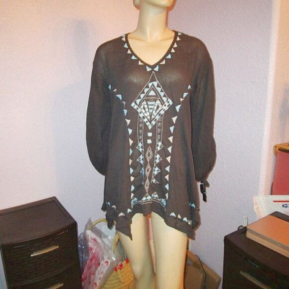 Free People Tunic Top Size XS Asymmetrical Beaded Embroidered Gauze Puff Sleeve - Picture 1 of 10